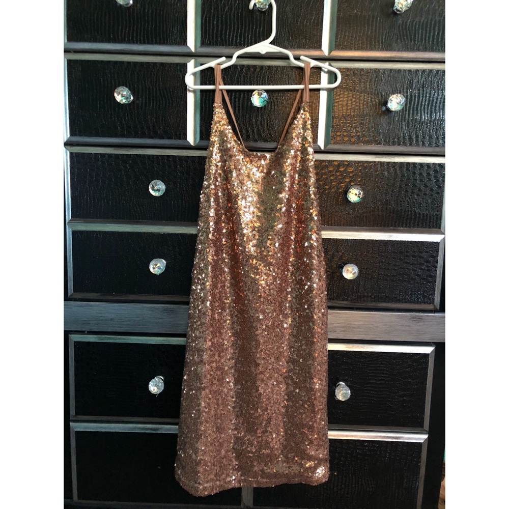 slinky gold sequin mini dress